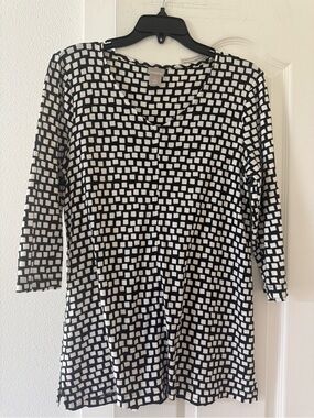 Chico’s Size 2 Black White Geometric Print Pima Cotton Tunic Top 3/4 Sleeve